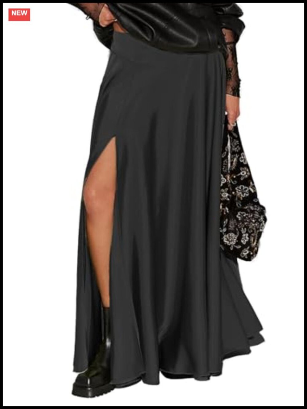 Satin A-Line Maxi Skirt Side Slit Hidden Zip Pockets Cocktail Party